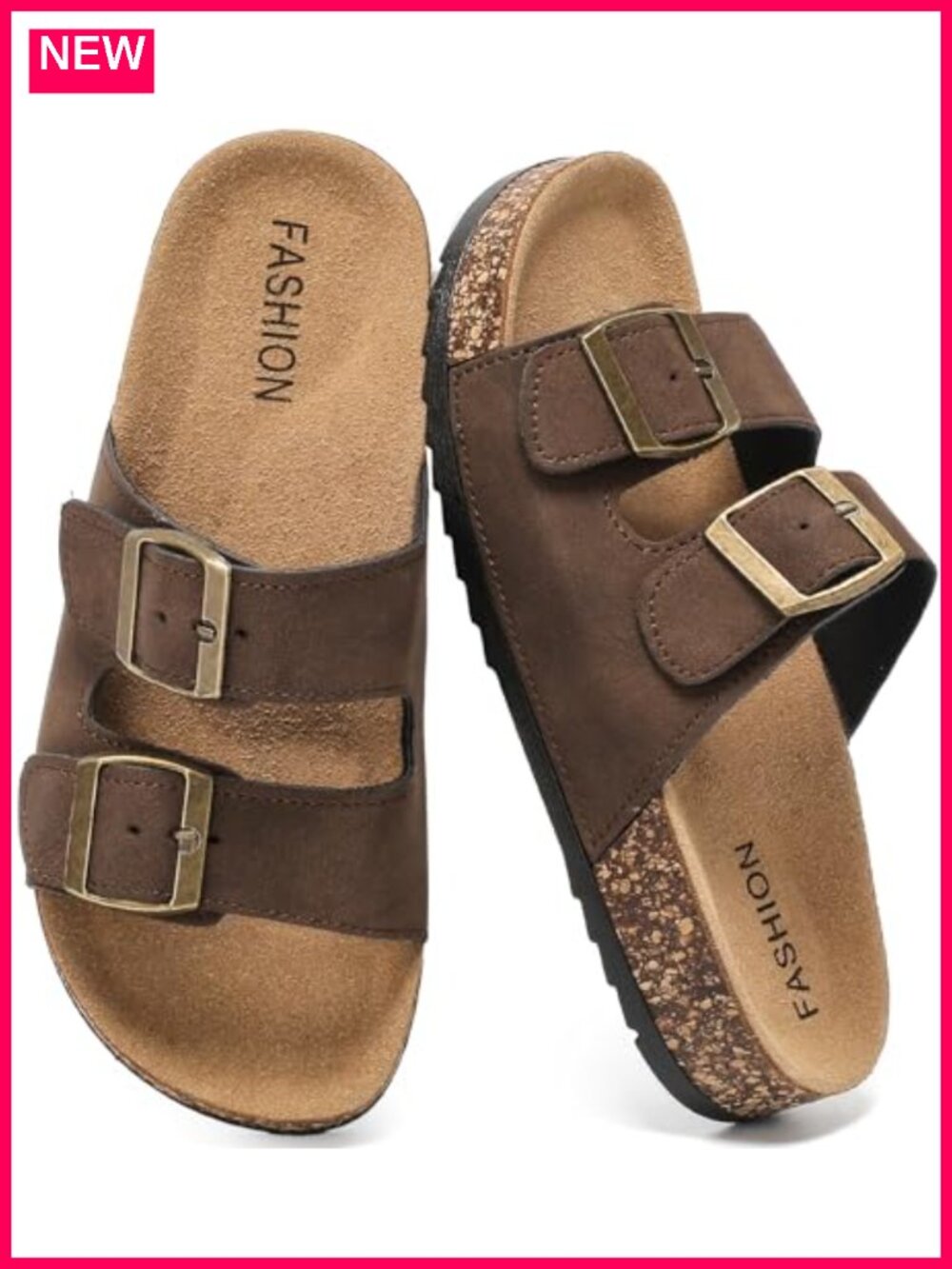 Women's Cork Footbed Sandals Arch Support Double Buckle Slides